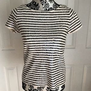 J Crew Sequin Black and Cream Strip Top
